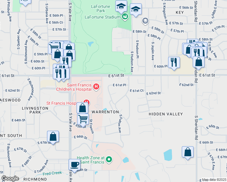 map of restaurants, bars, coffee shops, grocery stores, and more near 5515 East 61st Court in Tulsa