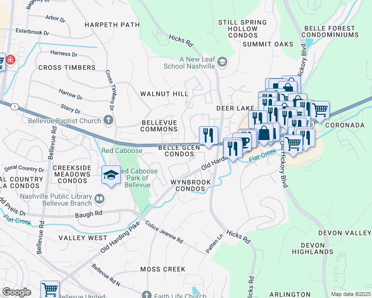 map of restaurants, bars, coffee shops, grocery stores, and more near 7221 Highway 70 South in Nashville
