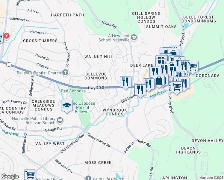 map of restaurants, bars, coffee shops, grocery stores, and more near 7221 Highway 70 South in Nashville