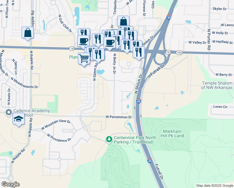 map of restaurants, bars, coffee shops, grocery stores, and more near 624 North Betty Jo Drive in Fayetteville