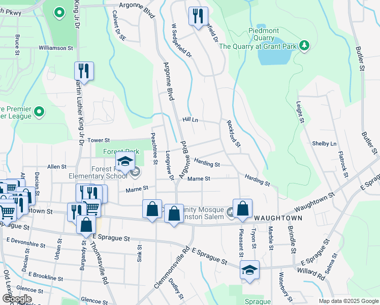 map of restaurants, bars, coffee shops, grocery stores, and more near 1709 Argonne Boulevard in Winston-Salem