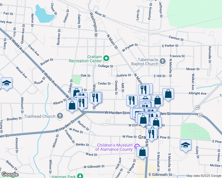 map of restaurants, bars, coffee shops, grocery stores, and more near 307 Poplar Street in Graham