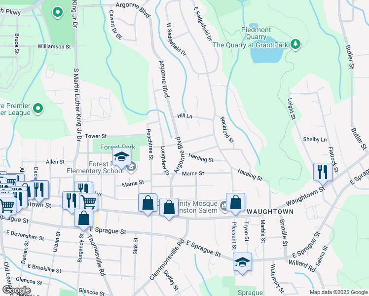 map of restaurants, bars, coffee shops, grocery stores, and more near 1709 Argonne Boulevard in Winston-Salem