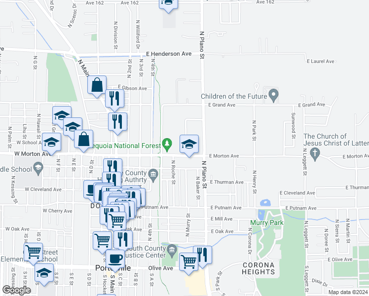 map of restaurants, bars, coffee shops, grocery stores, and more near 439 North Murry Street in Porterville