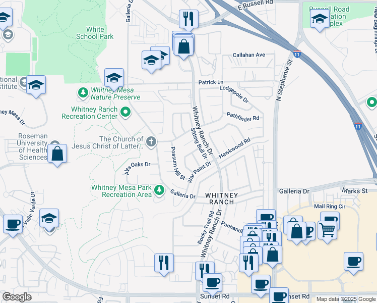 map of restaurants, bars, coffee shops, grocery stores, and more near 1518 Shady Rest Drive in Henderson