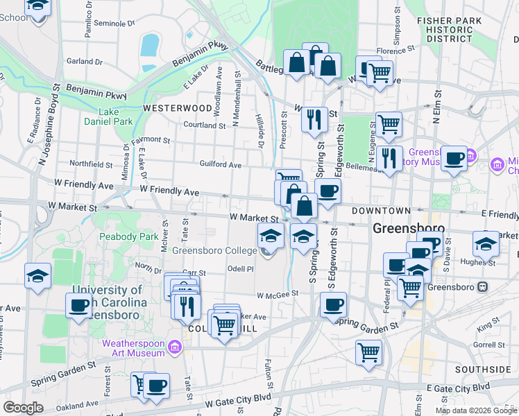 map of restaurants, bars, coffee shops, grocery stores, and more near 830 West Market Street in Greensboro