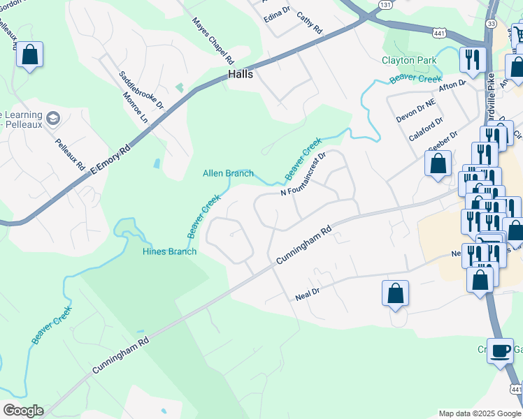 map of restaurants, bars, coffee shops, grocery stores, and more near 3416 North Fountaincrest Drive in Knoxville