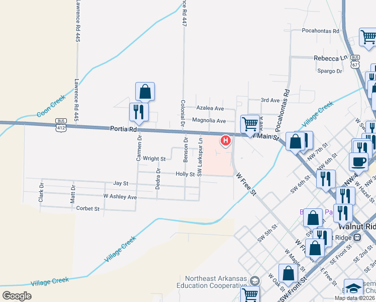 map of restaurants, bars, coffee shops, grocery stores, and more near 1405 Alpine Street in Walnut Ridge
