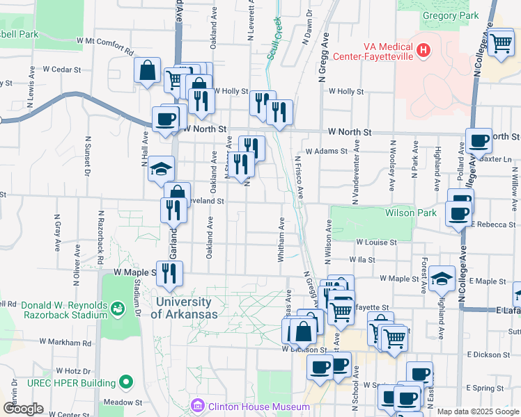 map of restaurants, bars, coffee shops, grocery stores, and more near 729 Cleveland Street in Fayetteville