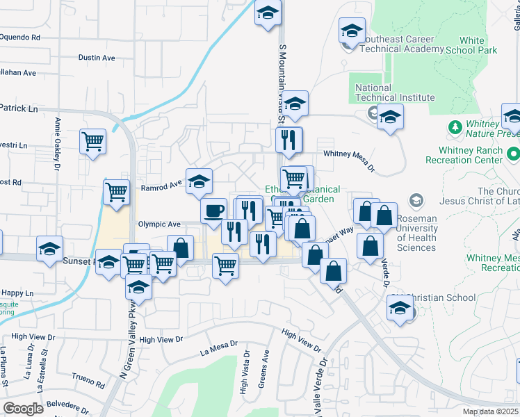 map of restaurants, bars, coffee shops, grocery stores, and more near 2020 Olympic Avenue in Henderson
