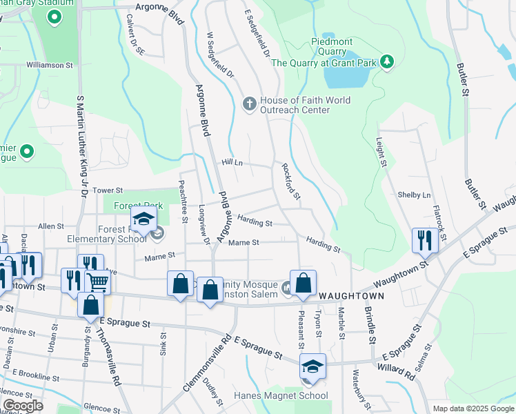 map of restaurants, bars, coffee shops, grocery stores, and more near 1433 Donald Street in Winston-Salem