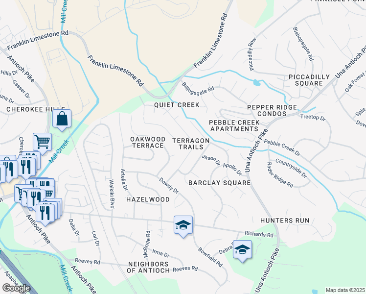 map of restaurants, bars, coffee shops, grocery stores, and more near 4613 Longbranch in Nashville