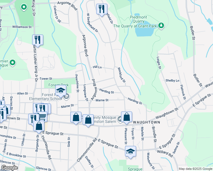 map of restaurants, bars, coffee shops, grocery stores, and more near 1429 Donald Street in Winston-Salem