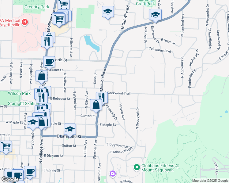 map of restaurants, bars, coffee shops, grocery stores, and more near 808 Woodlawn Drive in Fayetteville