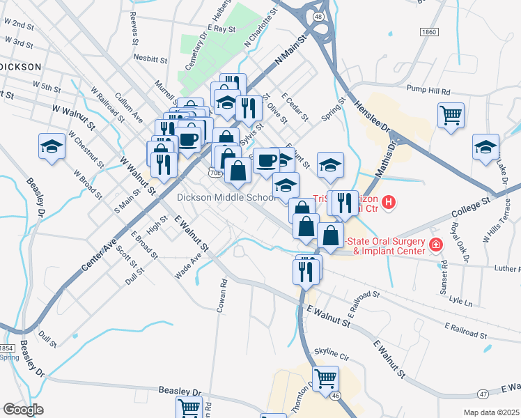 map of restaurants, bars, coffee shops, grocery stores, and more near 401 East College Street in Dickson