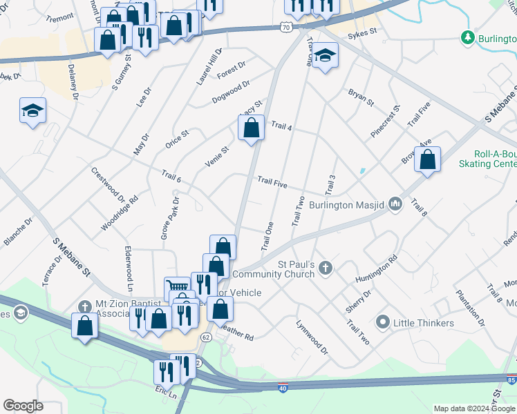 map of restaurants, bars, coffee shops, grocery stores, and more near 505 Alamance Road in Burlington