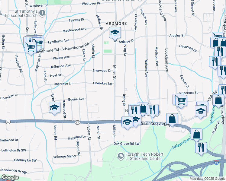 map of restaurants, bars, coffee shops, grocery stores, and more near 1316 Miller Street in Winston-Salem