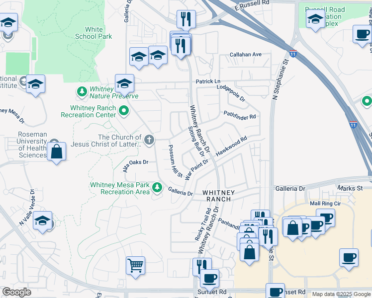 map of restaurants, bars, coffee shops, grocery stores, and more near 1518 Shady Rest Drive in Henderson