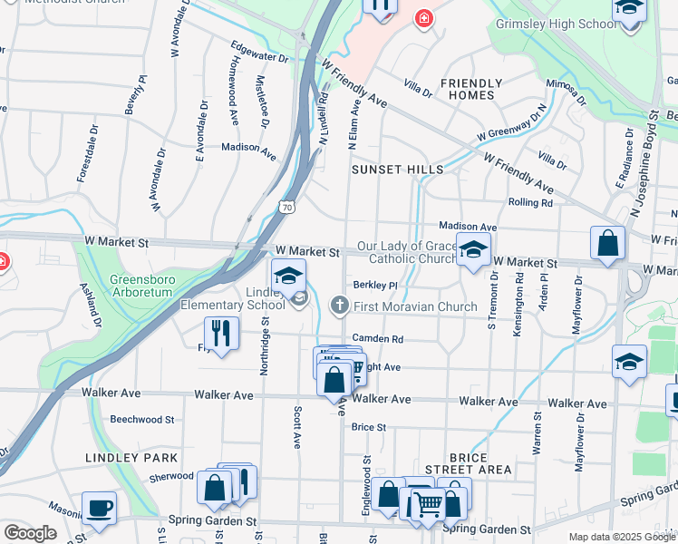 map of restaurants, bars, coffee shops, grocery stores, and more near 110 South Elam Avenue in Greensboro
