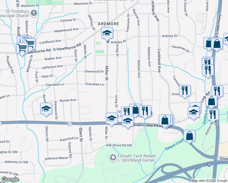 map of restaurants, bars, coffee shops, grocery stores, and more near 1320 Irving Street in Winston-Salem