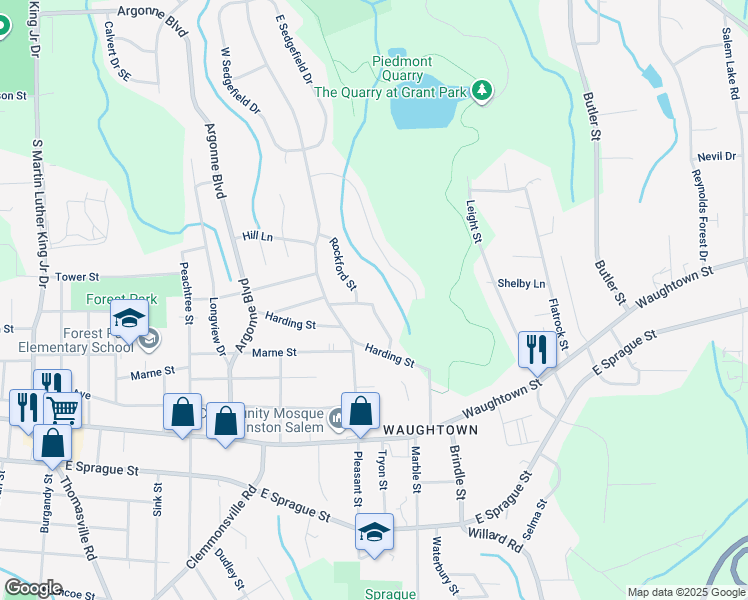 map of restaurants, bars, coffee shops, grocery stores, and more near 1521 Donald Street Southeast in Winston-Salem