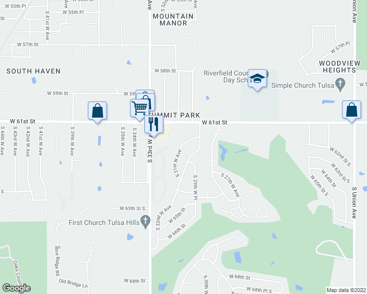 map of restaurants, bars, coffee shops, grocery stores, and more near 2940 West 62nd Street in Tulsa