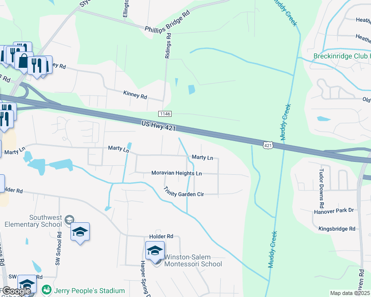 map of restaurants, bars, coffee shops, grocery stores, and more near 1481 Banbury Circle in Clemmons