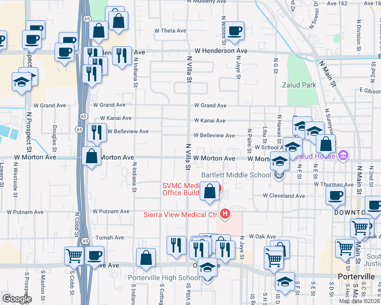 map of restaurants, bars, coffee shops, grocery stores, and more near 590 West Morton Avenue in Porterville