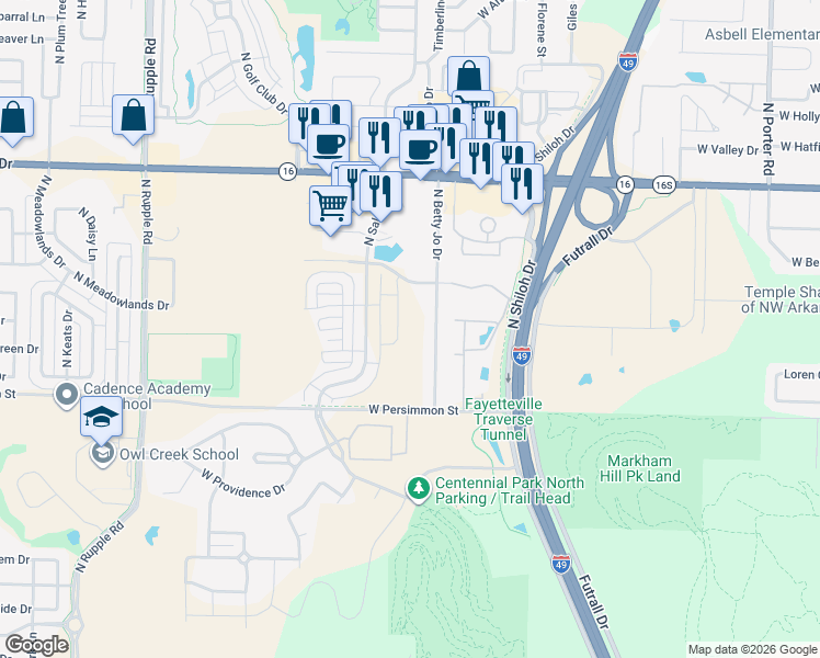 map of restaurants, bars, coffee shops, grocery stores, and more near 625 N Betty Jo Dr in Fayetteville