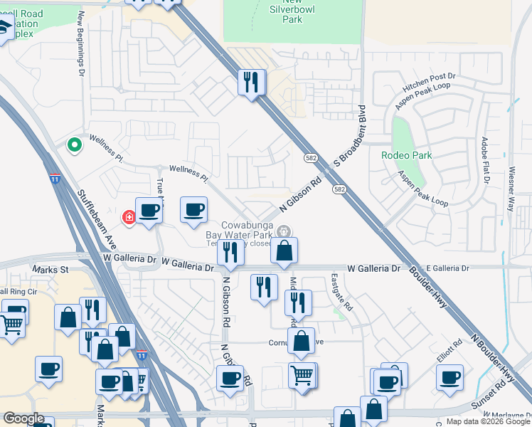 map of restaurants, bars, coffee shops, grocery stores, and more near 897 North Gibson Road in Henderson
