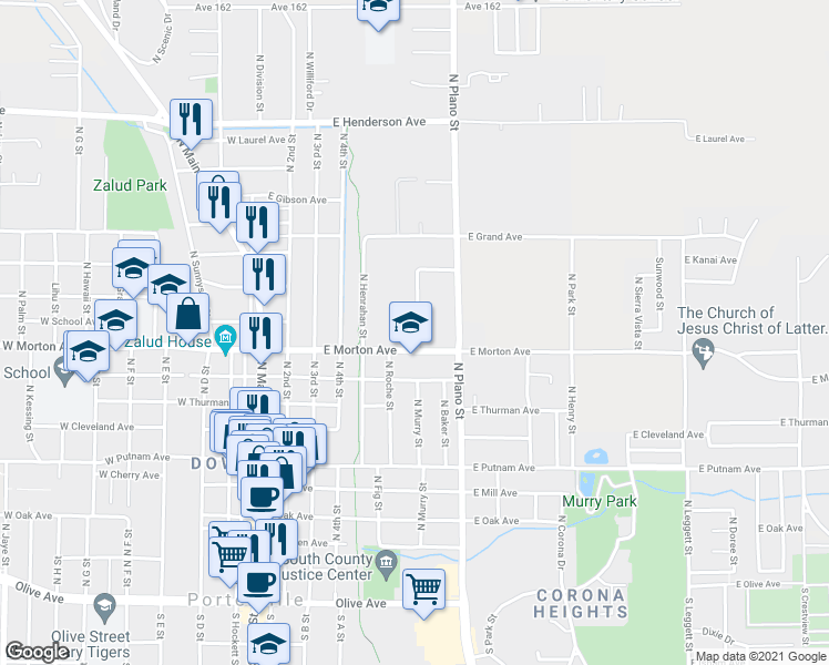 map of restaurants, bars, coffee shops, grocery stores, and more near 435 North Murry Street in Porterville