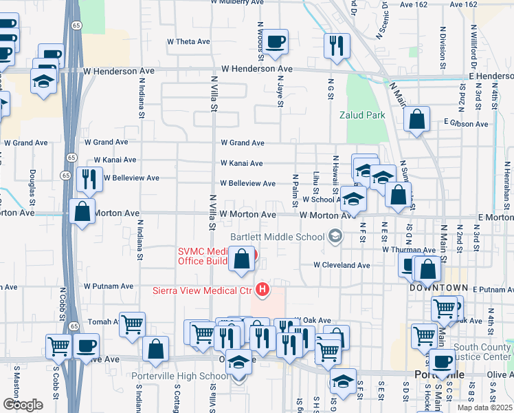 map of restaurants, bars, coffee shops, grocery stores, and more near 482 West Morton Avenue in Porterville
