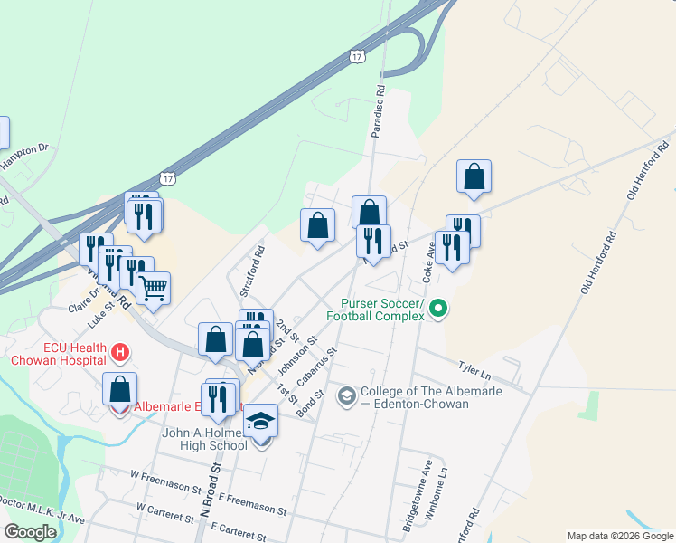 map of restaurants, bars, coffee shops, grocery stores, and more near 1023 North Broad Street in Edenton