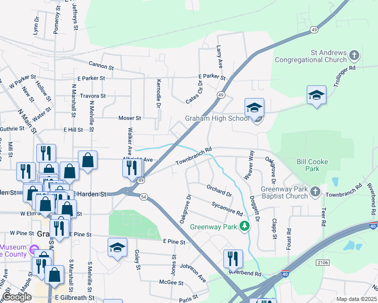 map of restaurants, bars, coffee shops, grocery stores, and more near 608 Townbranch Rd in Graham