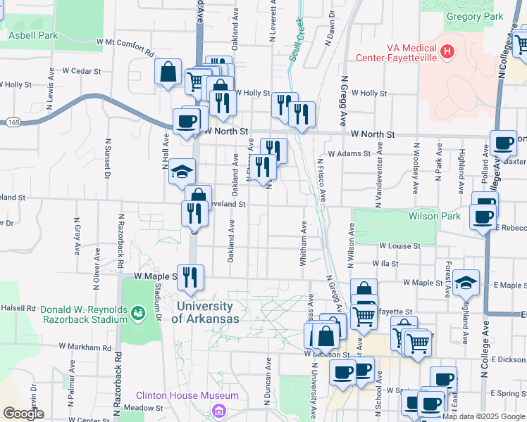map of restaurants, bars, coffee shops, grocery stores, and more near 685 North Leverett Avenue in Fayetteville