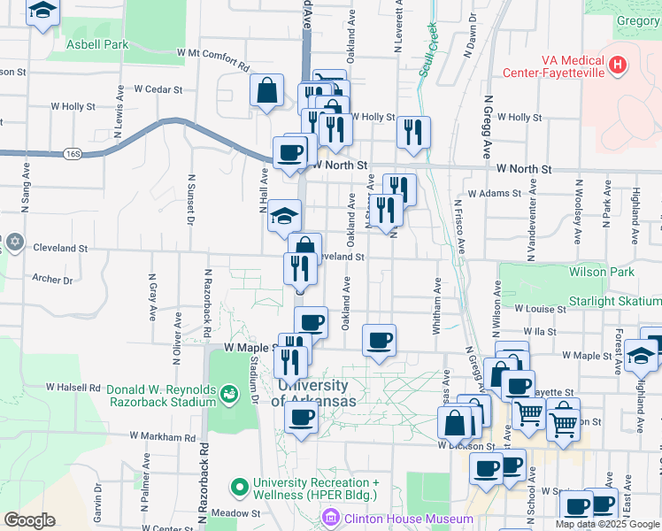 map of restaurants, bars, coffee shops, grocery stores, and more near 673 North Lindell Avenue in Fayetteville