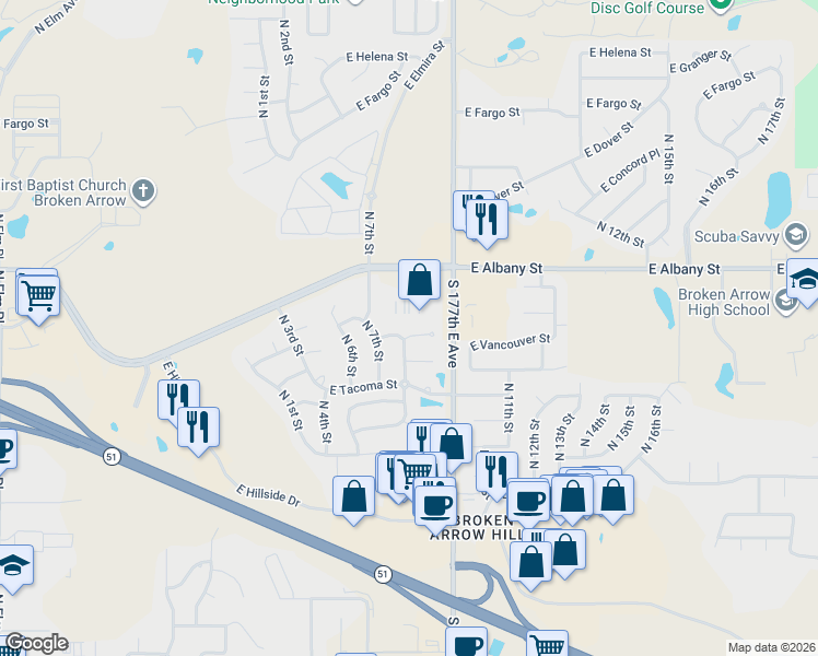 map of restaurants, bars, coffee shops, grocery stores, and more near 824 East Vancouver Street in Broken Arrow