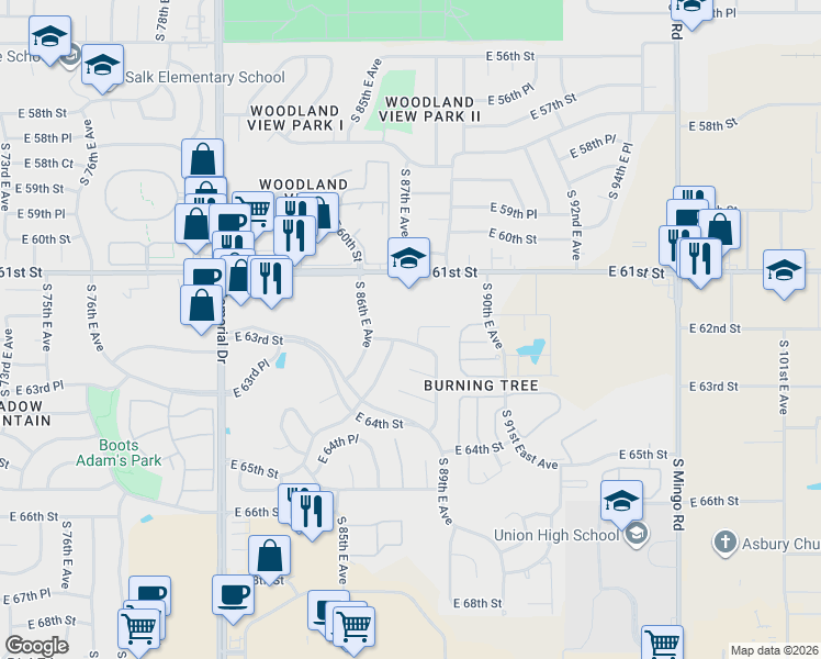map of restaurants, bars, coffee shops, grocery stores, and more near 8812 East 62nd Street in Tulsa