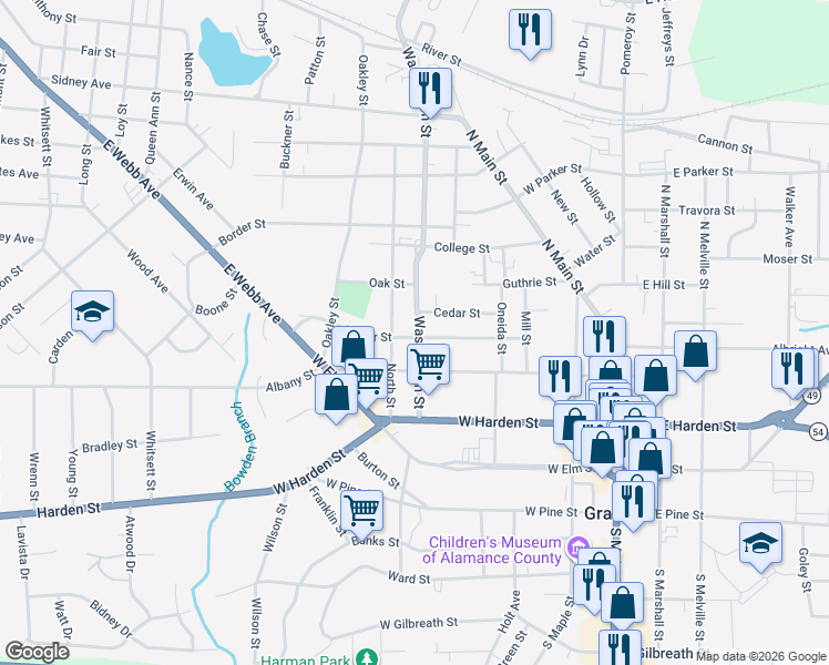 map of restaurants, bars, coffee shops, grocery stores, and more near 403 Poplar Street in Graham
