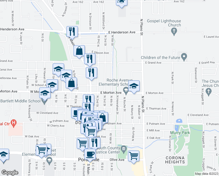 map of restaurants, bars, coffee shops, grocery stores, and more near 423 North 4th Street in Porterville