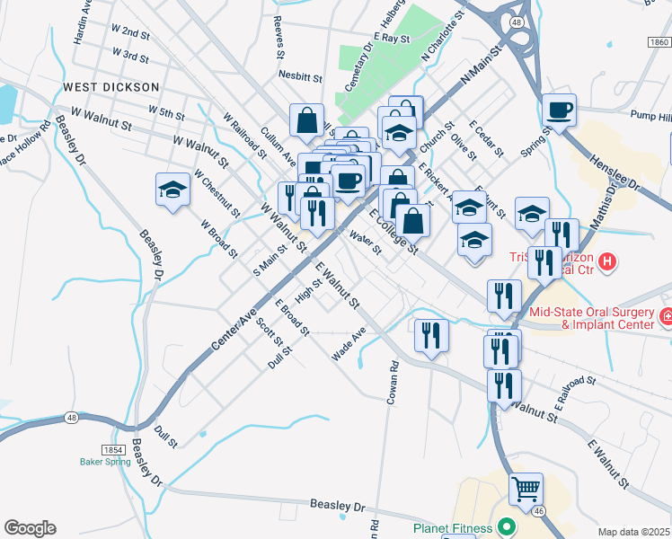 map of restaurants, bars, coffee shops, grocery stores, and more near 207 East Walnut Street in Dickson