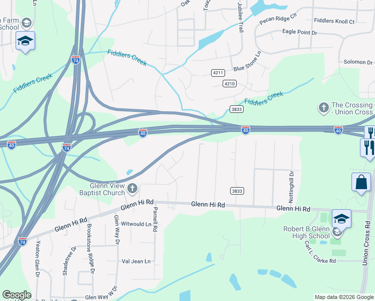 map of restaurants, bars, coffee shops, grocery stores, and more near 4428 Ansley Drive in Winston-Salem