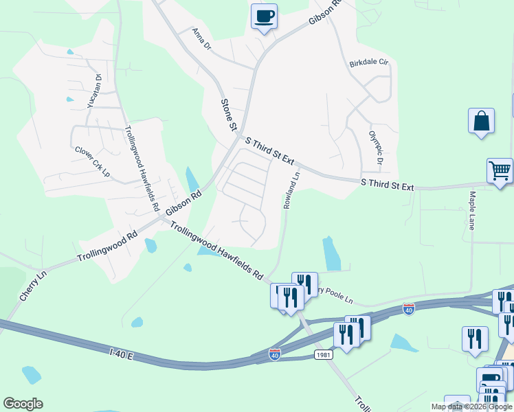 map of restaurants, bars, coffee shops, grocery stores, and more near 1517 Copper Circle in Mebane