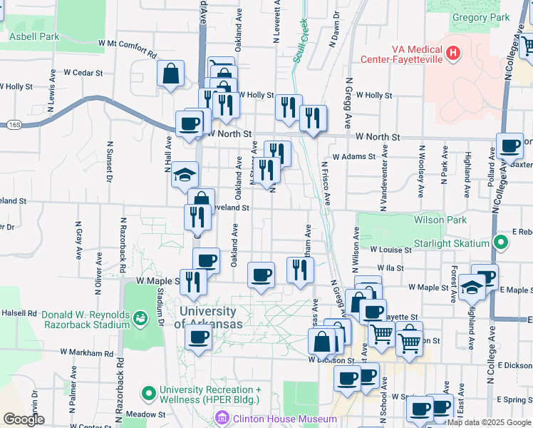 map of restaurants, bars, coffee shops, grocery stores, and more near 685 North Leverett Avenue in Fayetteville