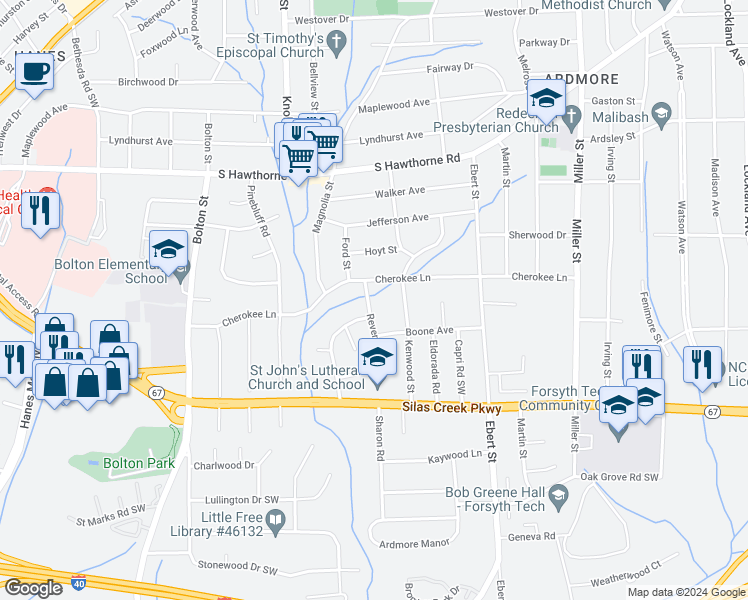 map of restaurants, bars, coffee shops, grocery stores, and more near 1307 Revere Road in Winston-Salem