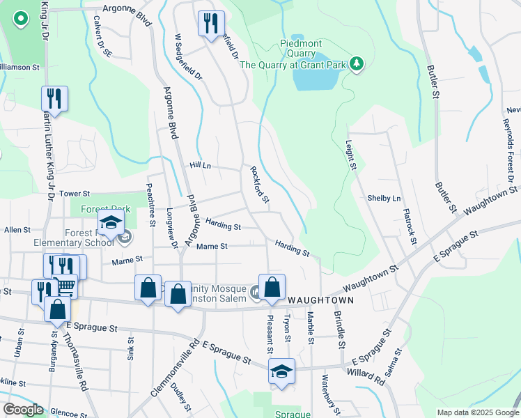 map of restaurants, bars, coffee shops, grocery stores, and more near 1509 Donald Street in Winston-Salem