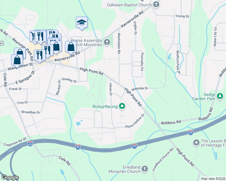 map of restaurants, bars, coffee shops, grocery stores, and more near 114 Hines Drive in Winston-Salem
