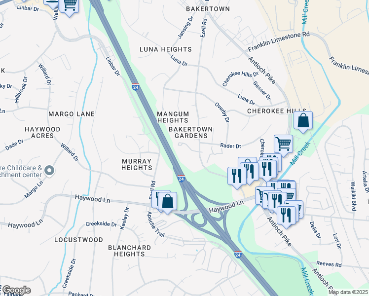 map of restaurants, bars, coffee shops, grocery stores, and more near 401 Bakertown Road in Nashville