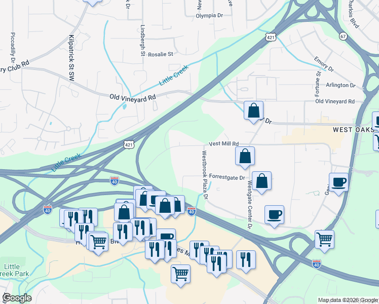 map of restaurants, bars, coffee shops, grocery stores, and more near 3924 Vest Mill Road in Winston-Salem