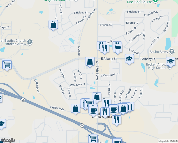 map of restaurants, bars, coffee shops, grocery stores, and more near 824 E Vancouver St in Broken Arrow